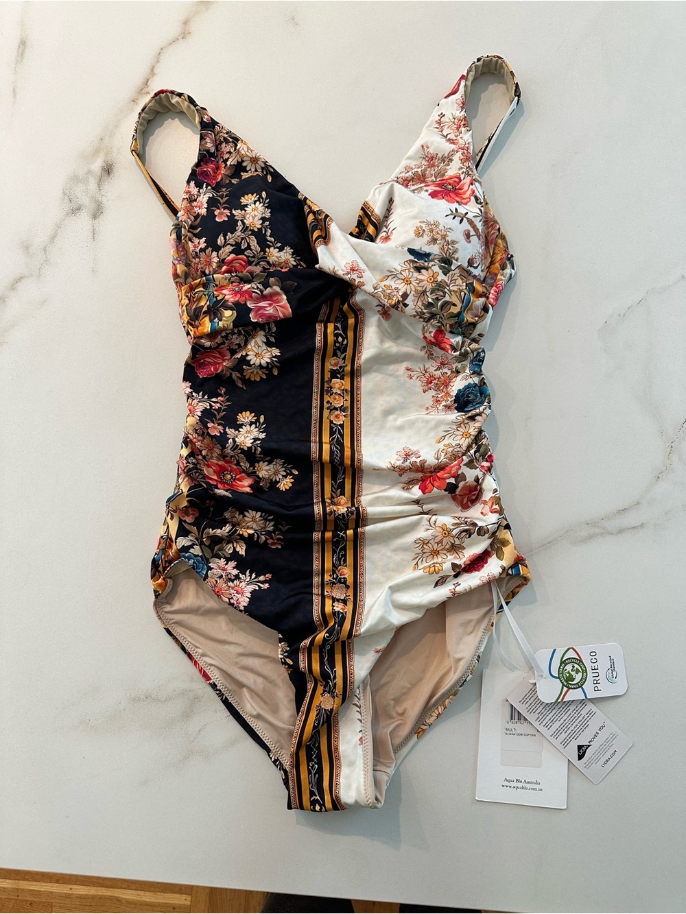 Aqua Blu Floral Panel One-Piece Swimsuit - Black, Cream, Yellow